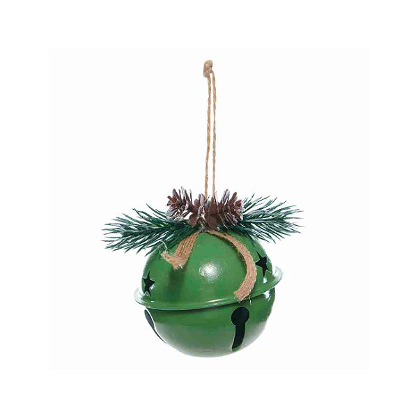 Bola de Natal em metal verde com guizo e pinhas