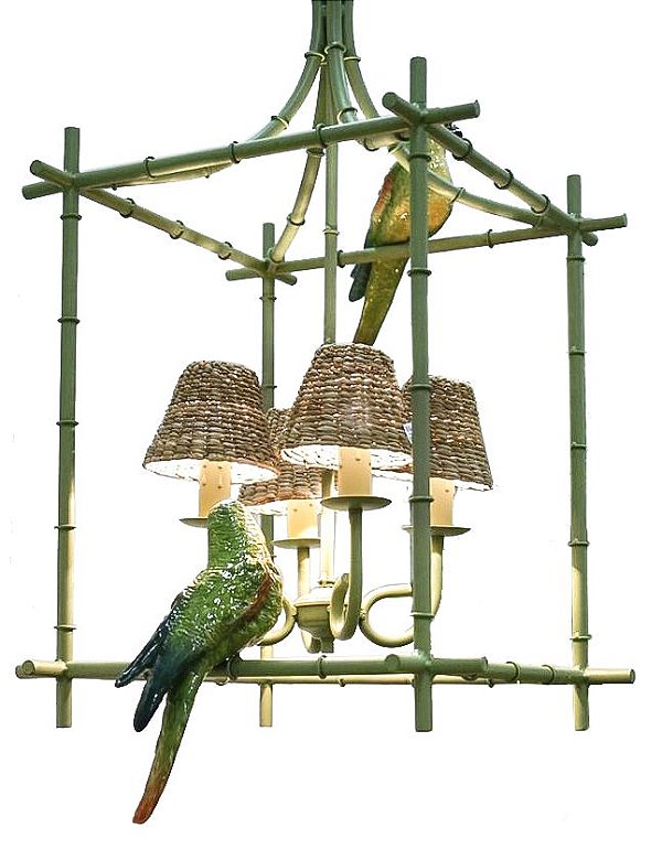 Lustre Zanatta Casa Gaiola P Chinoiserie com Papagaios e cúpulas de taboa