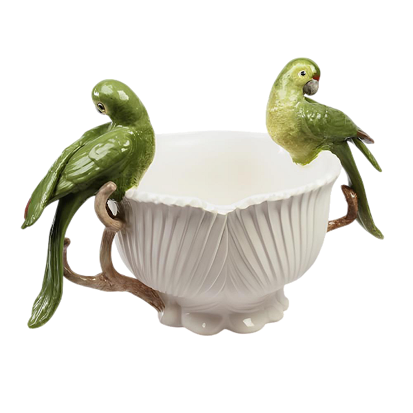 Cachepot palmeira branco com casal pássaros verdes M