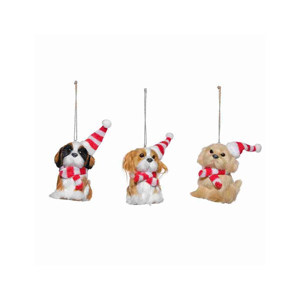 Kit 3 cachorros com gorro para pendurar na árvore de Natal