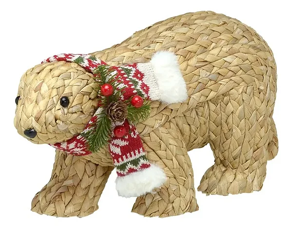 Urso polar de palha trançada com cachecol natalino