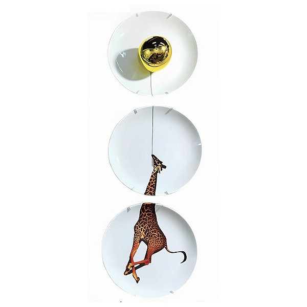 Jogo 3 pratos de parede girafa com balão dourado