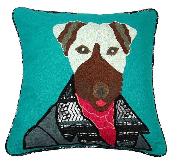 Capa de Almofada cachorro bordada verde 48x48 cm