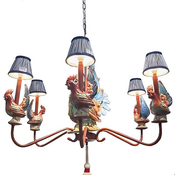 Lustre de ferro com galos de cerâmica Zanatta Casa (sem cúpulas)