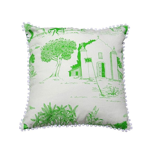Capa de Almofada Trancoso Casinhas do Quadrado verde limão com pompom