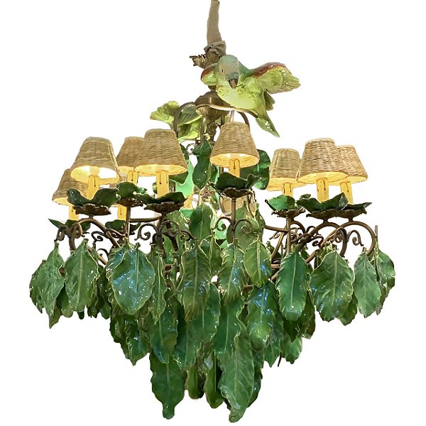 Lustre com folhas e pássaros de cerâmica Zanatta Casa
