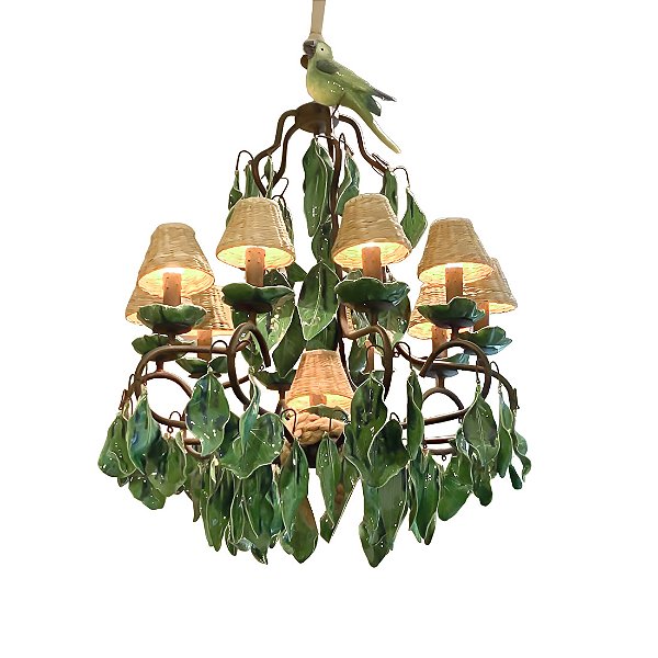 Lustre Zanatta Casa folhas verdes com 2 pássaros