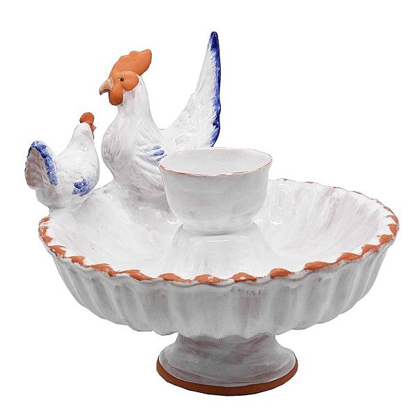 Fonte de galo e galinha G terracota azul e branco Zanatta Casa