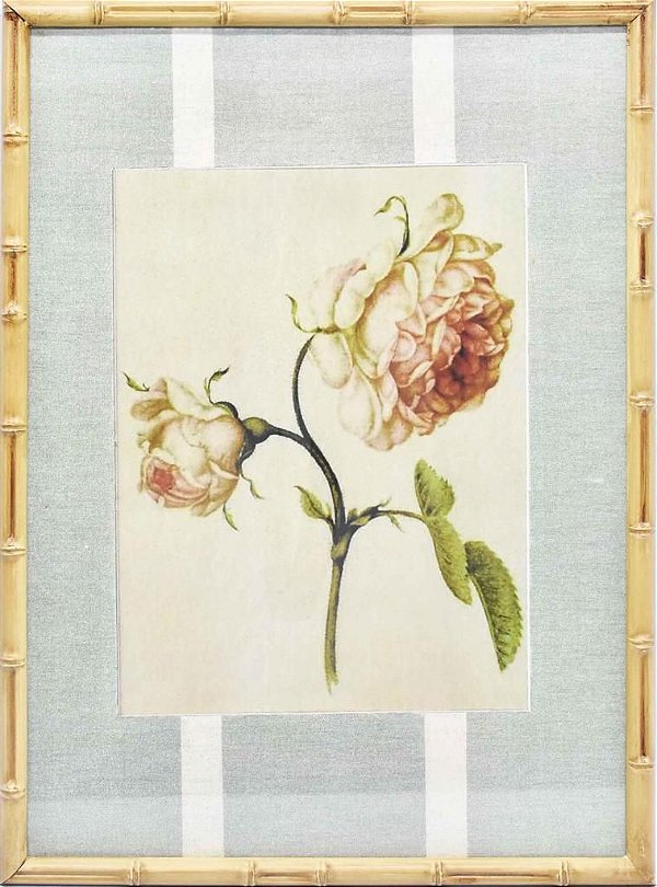 Quadro gravura de rosas com moldura de faux bamboo fundo listra 2