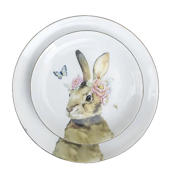Prato raso e de sobremesa Coelha com Borboleta Friso prata