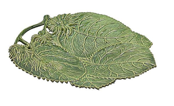 Travessa com relevo de folhas e flores com alça verde croco