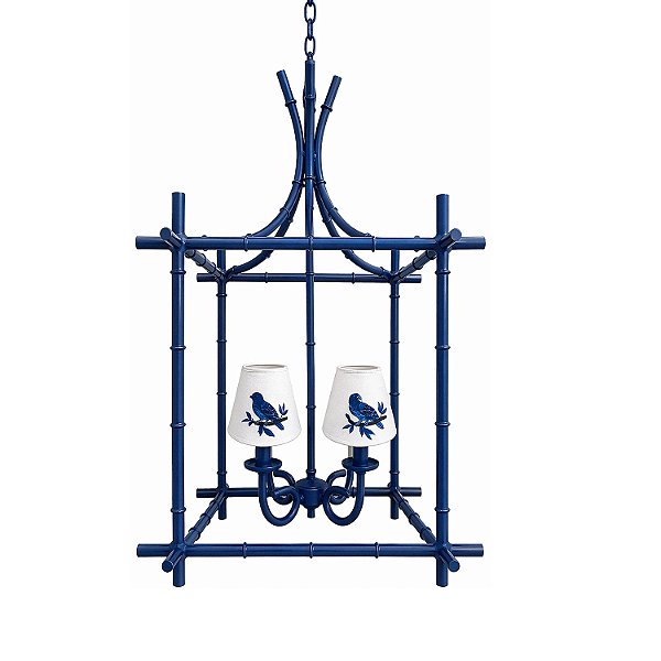Lustre Gaiola azul com cúpulas bordadas pássaros