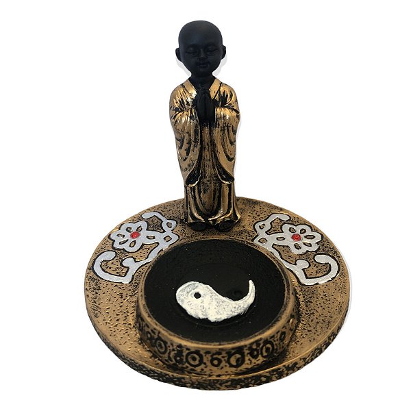 Incensário Prato Monge Orando Dourado c/ Preto 9cm