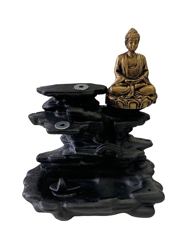 Incensário Cascata com Buda - Preto e Dourado