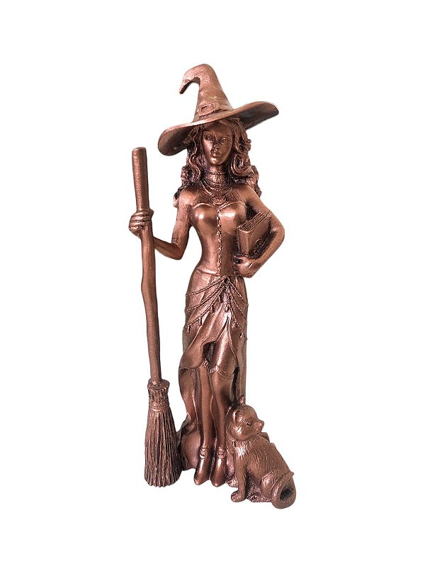 Bruxa com vassoura e gato bronze - 20cm