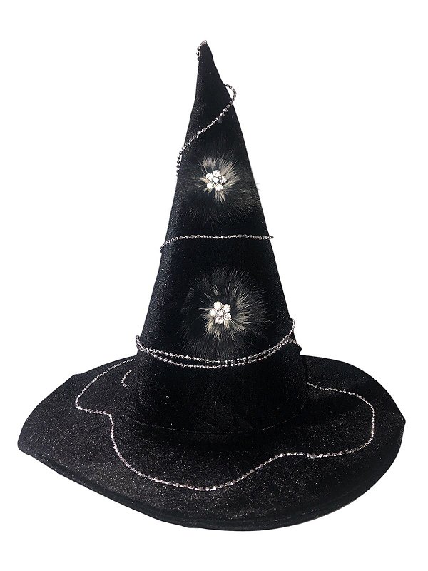 Chapéu de Bruxa Preto com Brilho Prata