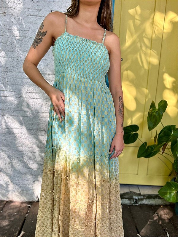 Vestido Lurex Longo - Ciano com Bege Tamanho M