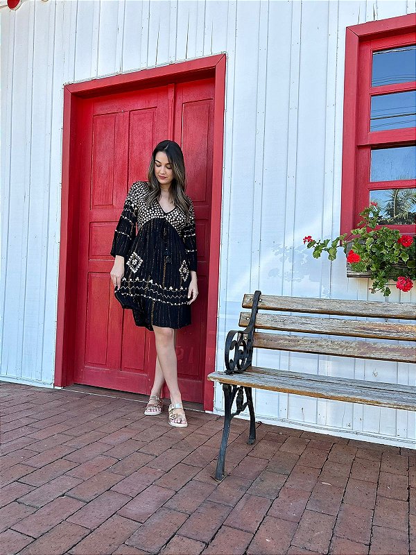Vestido Longo Lantejoula Preto com Dourado Tamanho Único