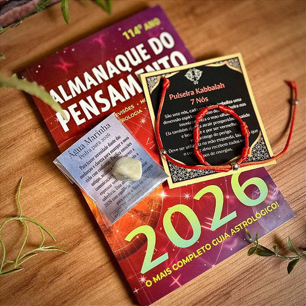 Kit Almanaque Pensamento + Pulseira Kabbalah 7 Nós + Água-Marinha