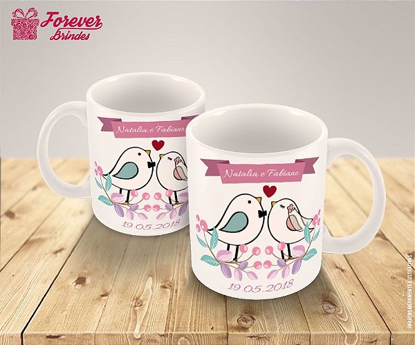 Caneca Porcelana Personalizada Casamento Passarinho