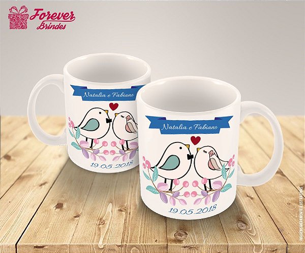 Caneca Porcelana Personalizada Casamento Pássaros