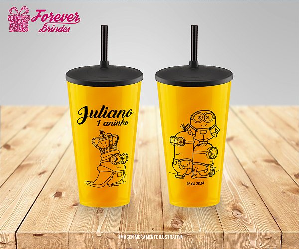 Copo Twister Tampa e Canudo personalizado aniversário minions