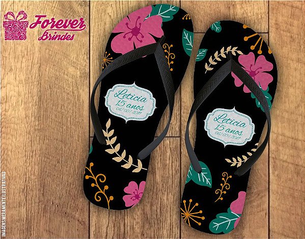 chinelo 15 anos preto com flores