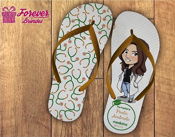 Chinelo formatura medicina caricatura verde e dourado