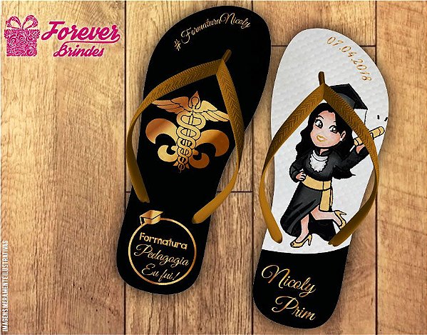 Chinelo formatura pedagogia caricatura preto com dourado