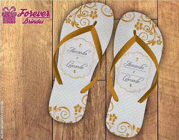 Chinelo Personalizado Casamento Florais Dourado