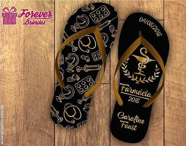 Chinelo Formatura Farmácia Preto e Dourado