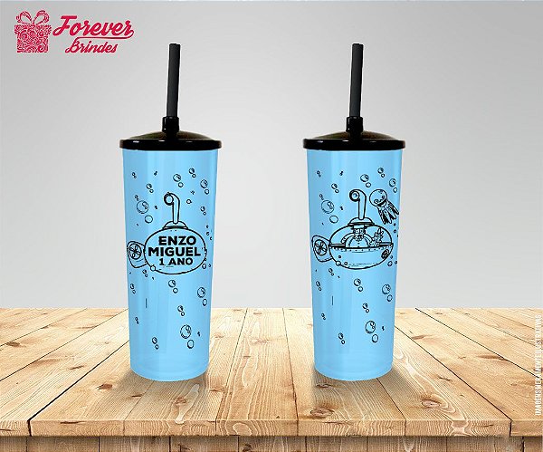 Copo Long Drink Com Tampa e Canudo Fundo Do Mar