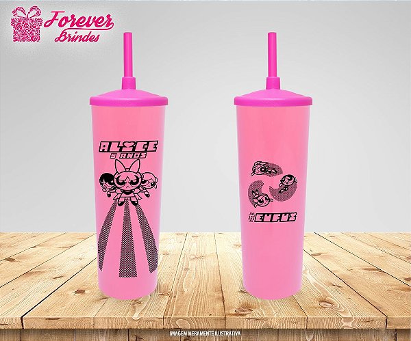 Copo Long Drink  Tampa E Canudo  Meninas Super Poderosa