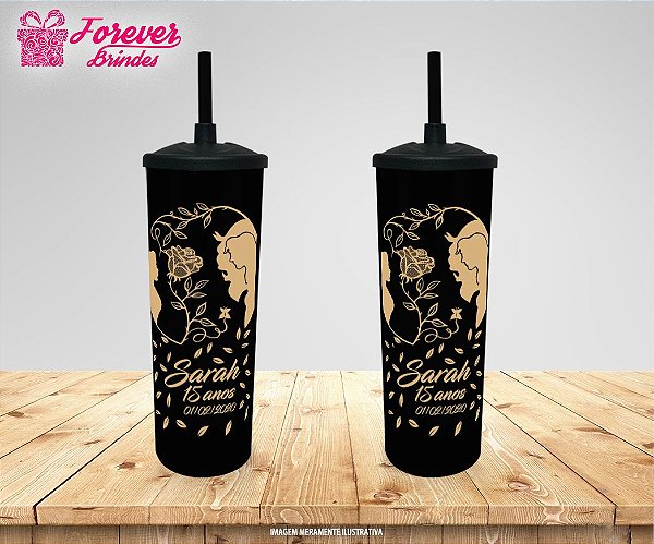 Copo Long Drink  Tampa e Canudo 15 Anos Bela e a Fera