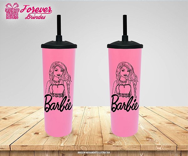 Copo Long Drink Tampa e Canudo Desenho Barbie