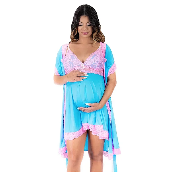 Conjunto Letícia Robe E Camisola Gestante Pimenta Sexy - Azul Capri Com Rosa
