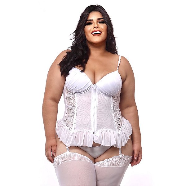 Espartilho Plus Size Tule Com Detalhe Em Renda Macler - Branco
