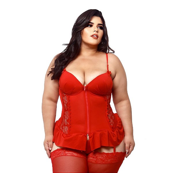 Espartilho Plus Size Com Zíper Frontal E Renda Na Lateral Macler - Vermelho