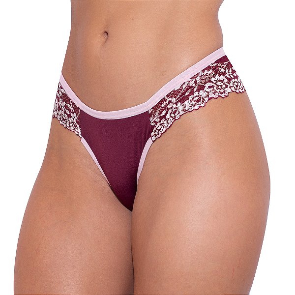 Calcinha Bicolor Em Microfibra E Renda Hot Love - Vinho Com Nude