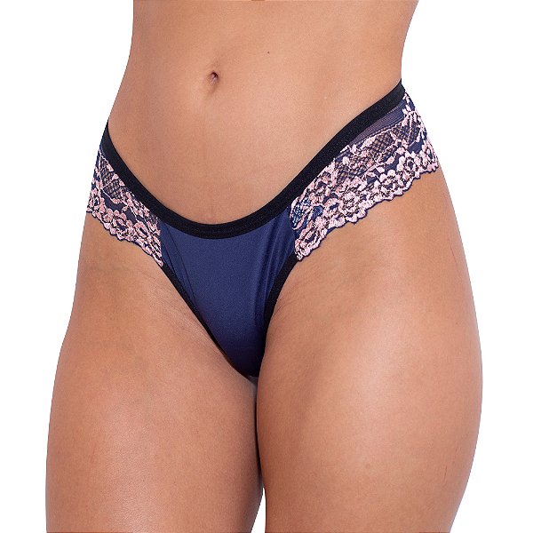 Calcinha Bicolor Em Microfibra E Renda Hot Love - Azul Marinho Com Rosa