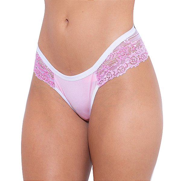 Calcinha Bicolor Em Microfibra E Renda Hot Love - Rosa Com Branco