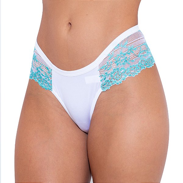 Calcinha Bicolor Em Microfibra E Renda Hot Love - Branco Com Verde Água