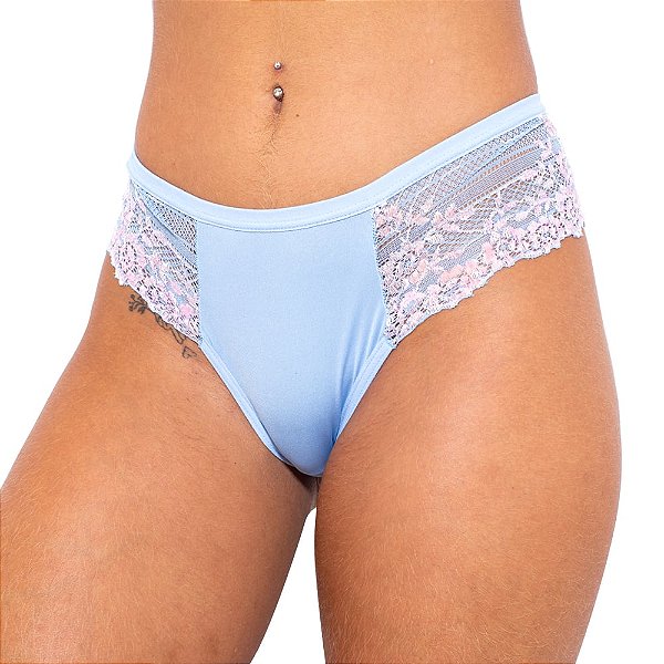 Calcinha Bicolor Em Microfibra E Renda Com Laço Hot Love - Azul Claro Com Rosa