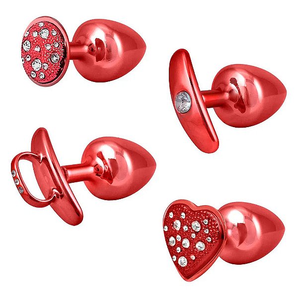Kit Luxo Plug Anal Pequeno Com 4 Bases Diferentes Hard - Vermelho