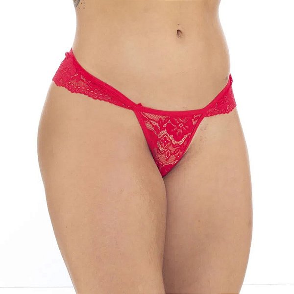 Fio Dental Playboy Rendado Com Pingente Em Metal Patitex - Vermelho