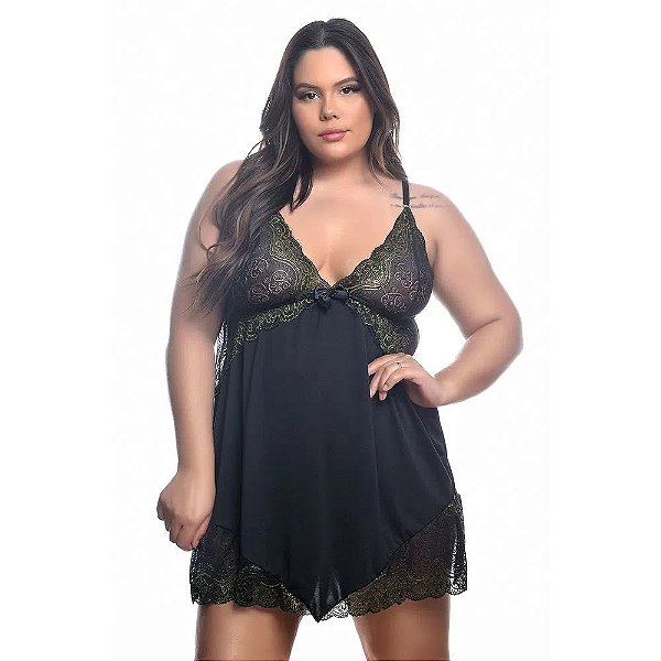 Camisola Plus Size Em Tule E Detalhes Rendados Bicolor Hot Love