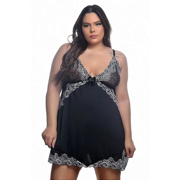Camisola Plus Size Em Tule E Detalhes Rendados Bicolor Hot Love