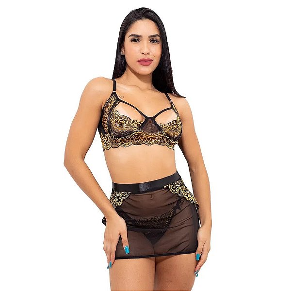 Conjunto Sensual Bicolor Com Sainha Hot Love