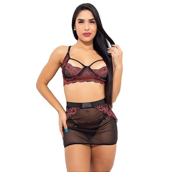 Conjunto Sensual Bicolor Com Sainha Hot Love
