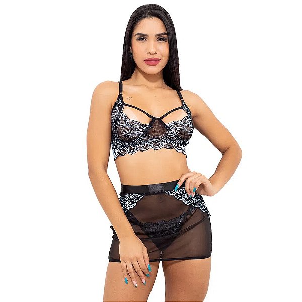 Conjunto Sensual Bicolor Com Sainha Hot Love - Preto Com Azul Claro
